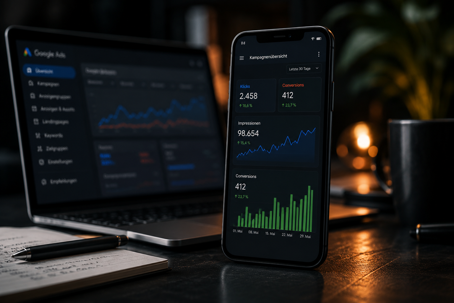 Smartphone mit Google Ads Kampagnen-Dashboard zur Leadgenerierung und Erfolgsmessung für Unternehmen.