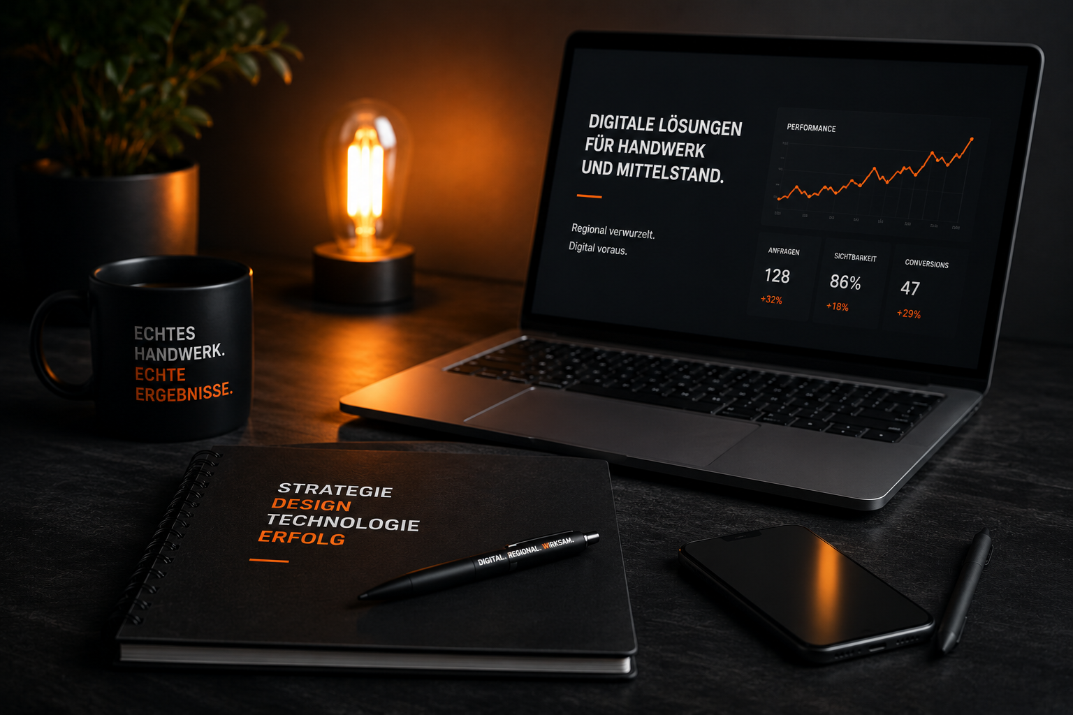 Moderner Arbeitsplatz mit Laptop und digitalen Marketing-Strategien