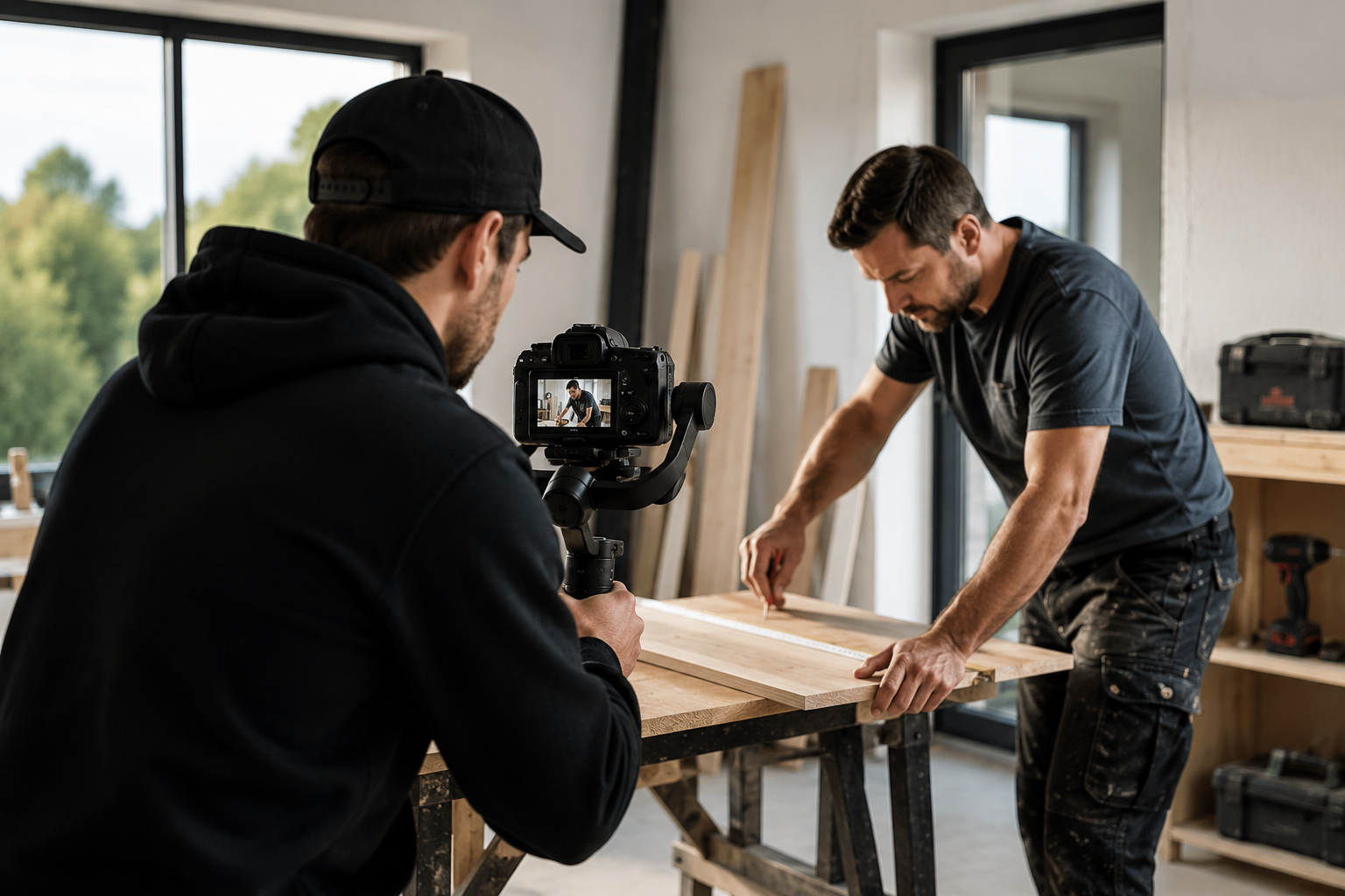 Handwerker wir bei seiner Arbeit für Content gefilmt