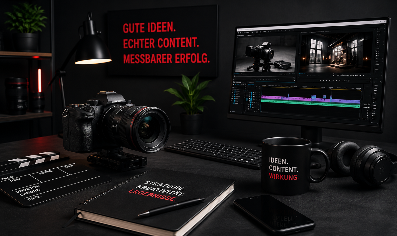 Professionelle Kamera und Arbeitsplatz für Content Creation, Foto-, Video- und Copywriting