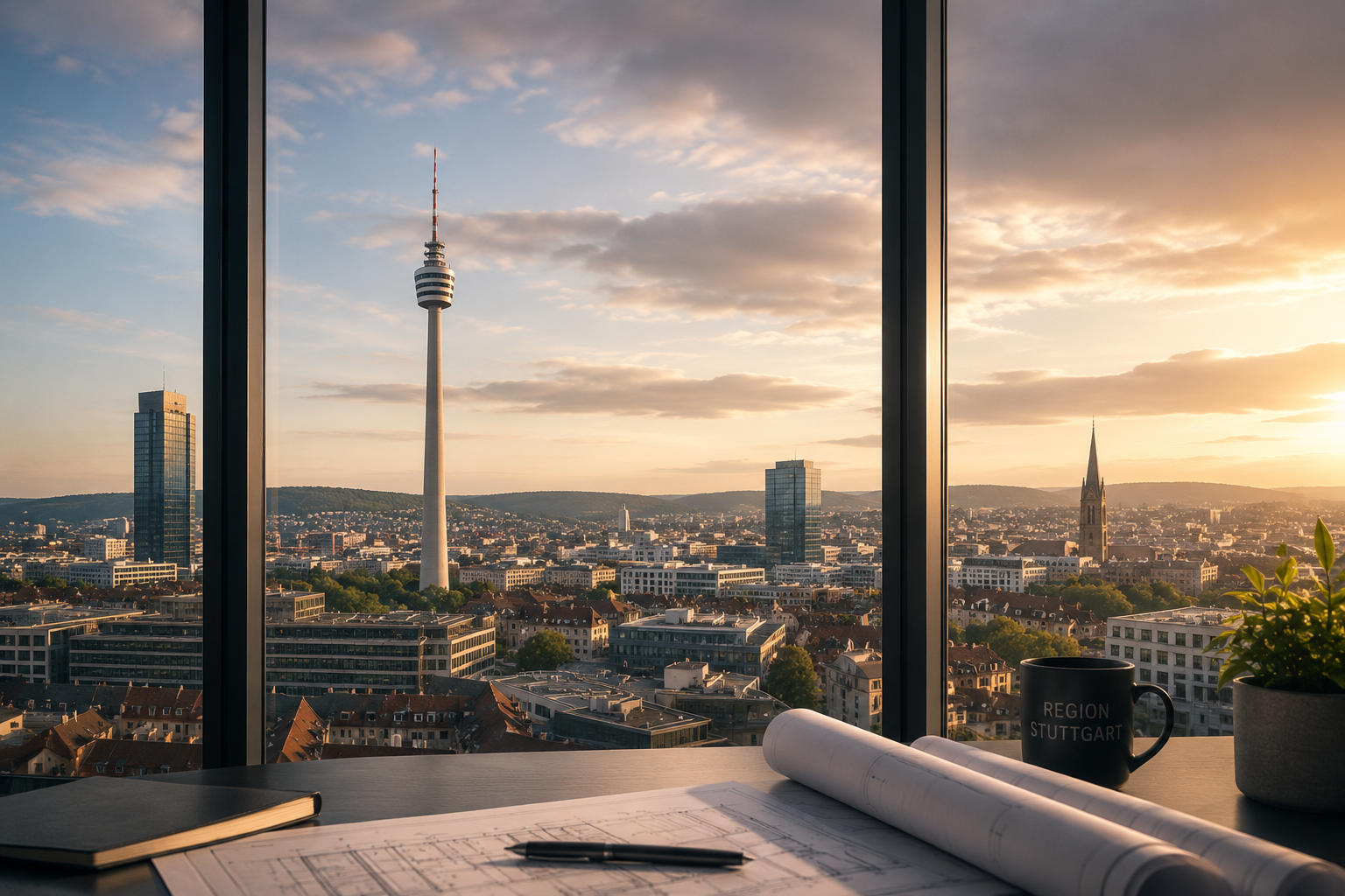 Moderner Büroarbeitsplatz mit Blick über die Stuttgarter Skyline